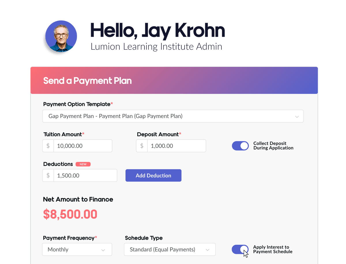 Desktop interface of a payment plan customizations.