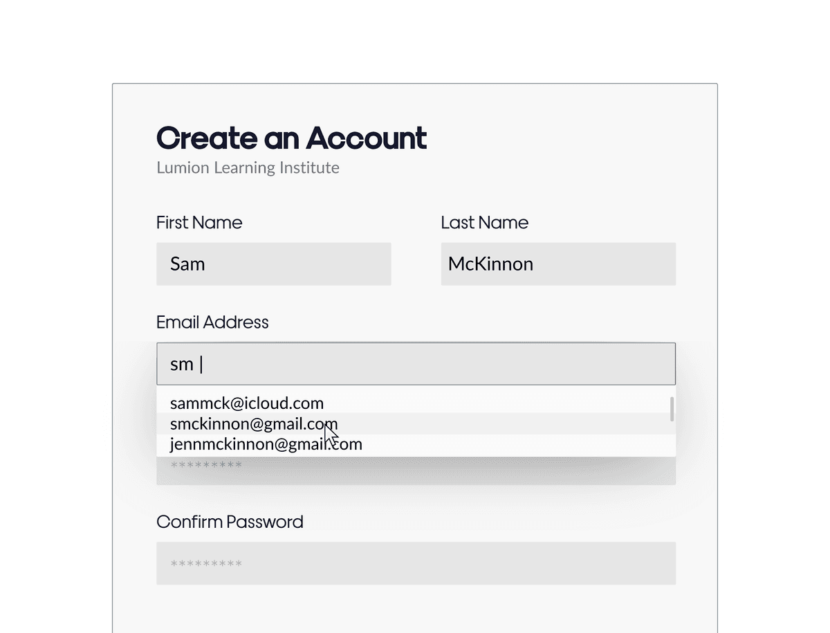 Create an Account form for Lumion Learning Institute with fields for name, email, and password