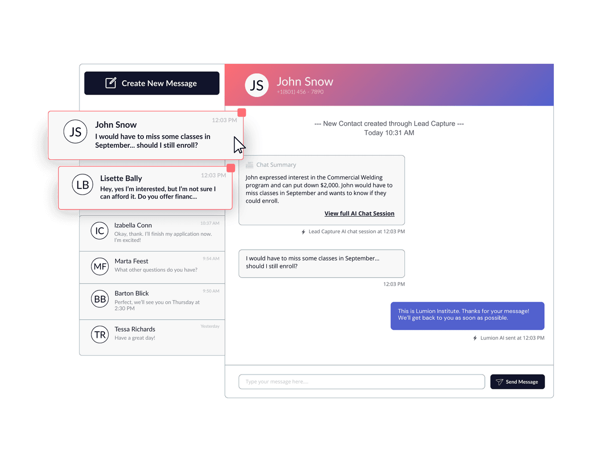 Messaging interface with conversations between students and staff, including lead capture functionality and AI chat sessions