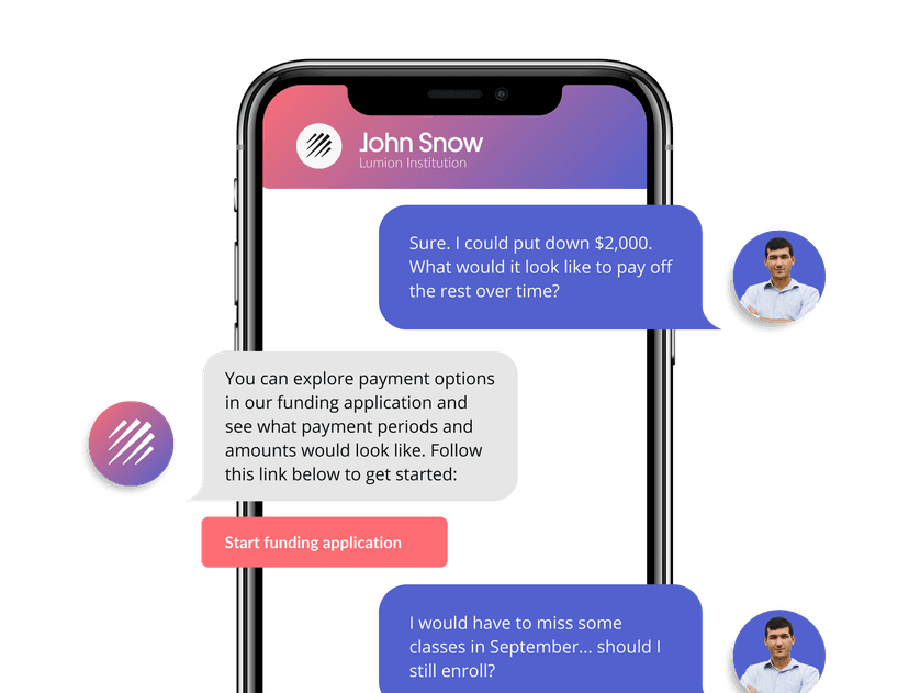 Mobile messaging interface showing payment plan discussions and funding applications