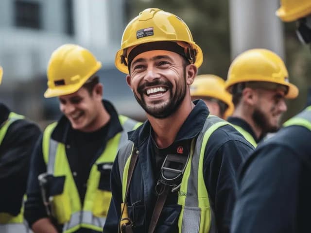 Happy construction workers in yellow hard hats