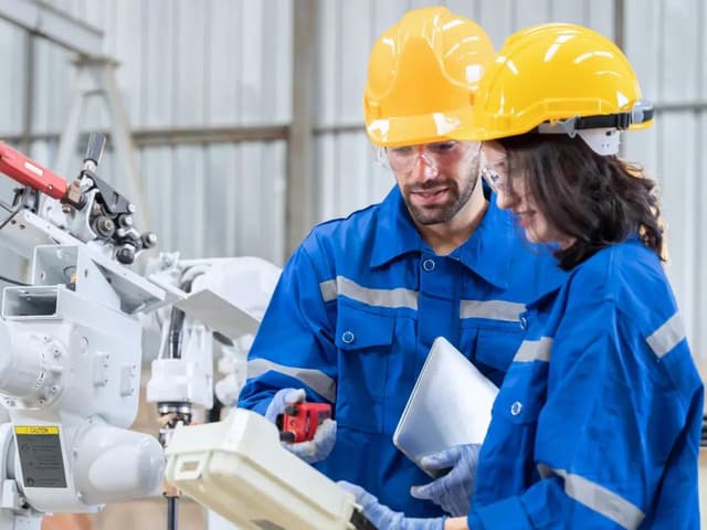 Lab team working with equipment in blue uniforms